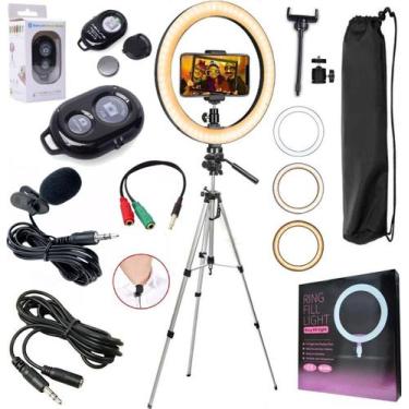 Imagem de Kit Tripé Profissional + Ring Light Led Iluminador Microfone Lapela Co