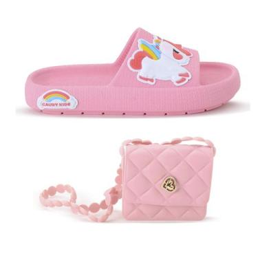 Imagem de Sandália Chinelo Infantil Unicornio Slide Nuvem Menina + Bolsinha - Ca