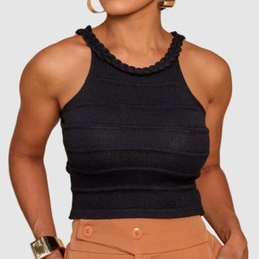 Imagem de Cropped Top Feminino Regata Gola Trança Tricot Modal Verão - Swiss Bou