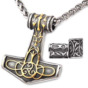 Imagem de Colar com pingente de martelo Thor Mjlonir da GUNGNEER com detalhes em nó celta dourado, colar masculino Nordic Viking Mjolnir, aço inoxidável 316L