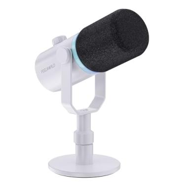 Imagem de FEELWORLD Microfone PM1 XLR USB dinâmico com suporte de mesa, presentes para gravação de podcast, computador, jogos, transmissão de voz, microfone de estúdio de metal, luz RGB, botão mudo, conector de