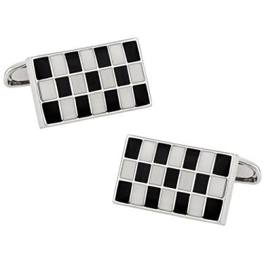 Imagem de Abotoaduras retangulares pretas e brancas esmaltadas versáteis Cuff-Daddy com caixa de apresentação