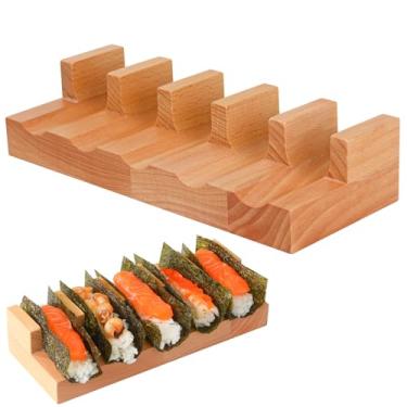 Imagem de Joochi Suporte para fabricante de sushi de madeira temaki sushi taco expositor rack ferramenta para fazer sushi Temaki de madeira suporte para rolo de mão prato de apresentação de taco de su