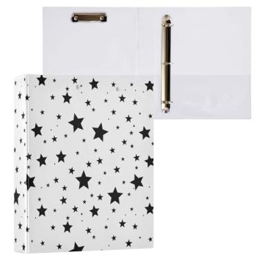Imagem de Fichário de 3 anéis com padrão de estrelas pretas e brancas, fichário decorativo de 3,8 cm com prancheta e 3 bolsos transparentes, comporta 200 folhas de papel tamanho A4, fichários à prova d'água