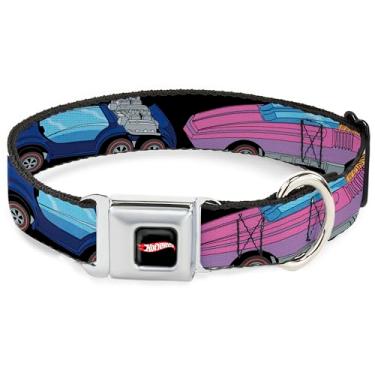 Imagem de Coleira para animais de estimação Mattel, fivela de cinto de segurança de metal, logotipo Hot Wheels e fechamento de quatro carros, preta, 40,6 a 58 cm de largura