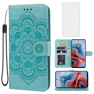 Imagem de Bohefo Capa para Moto G34 5G, capa carteira para Moto G45 5G XT2363-2 com protetor de tela de vidro temperado, capa flip de couro mandala com suporte para cartão de crédito para Motorola Moto G34 5G