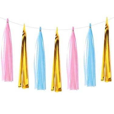 Imagem de PATIKIL Faixa de guirlanda de borla, 15 peças de papel de seda, borlas, decoração de festa, kits DIY para chá de noiva, aniversário de casamento, chá de panela, azul celeste/rosa/dourado