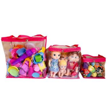 Imagem de Kit 3x Bolsa para armazenamento de brinquedos, P/M/G Rosa - BOM CLOSET