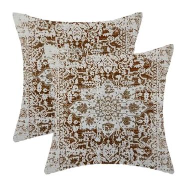 Imagem de AEIOAE Conjunto de 2 capas de travesseiro Boho 45,7 x 45,7 cm, estampa de carpete marrom bege, design étnico, retrô, decoração de casa de fazenda, quadrada, decoração de casa de fazenda, capas de