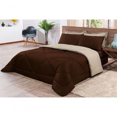 Imagem de Kit Edredom + Jogo De Lençol Aconchego Look House Dupla Face Casal Queen 06 Peças - Marrom E Caqui