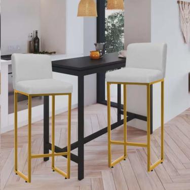 Imagem de Kit 02 Banqueta Alta Com Encosto Lucca -60cm chão até o assento Industrial Ferro Dourado Sintético Branco - Ahz Móveis