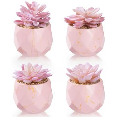 Imagem de ZENIDA Plantas Suculentas Artificiais Em 4 Vasos De Cerâmica Rosa, Falsas Fofas Para Decoração Penteadeira, Escritório, Mesa, Banheiro, Cozinha, Quarto, Prateleiras Mulheres, Presente Meninas