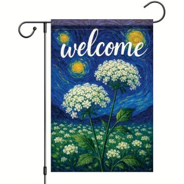 Imagem de Starlit Patio Welcome Van Gogh Bandeira de jardim céu estrelado flor de renda branca bandeira de quintal floral 30,5 x 45,7 cm decoração externa dupla face para primavera verão varanda gramado entrada