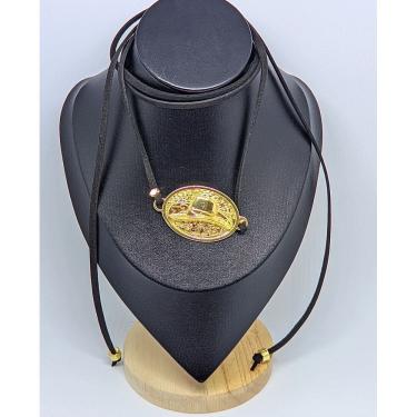 Imagem de Colar gravata longo couro carmuça gargantilha com Pingente Medalha country chapéu cavalo Folheado ouro acessórios Festa