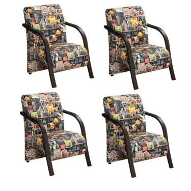Imagem de Kit 4 Poltronas 1 Lugar Sevilha Braço Pé Madeira Estampado