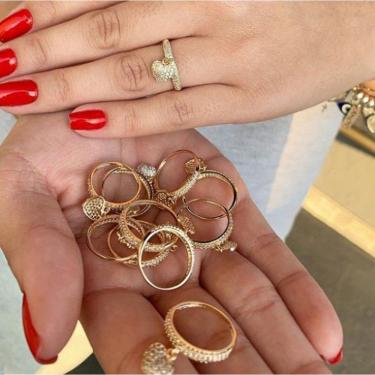 Imagem de Anel Meia Aliança Pingente Coração Cravejado Em Banho De Ouro