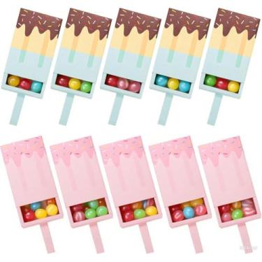 Imagem de Okllen Pacote com 60 caixas de presente em formato de picolé 3D, caixa dobrável de sorvete, caixa de lembrancinha de festa, mini caixas de presentes para aniversário, casamento, rosa e azul