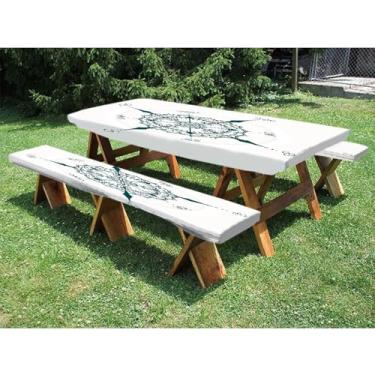 Imagem de Bússola de poliéster 183 cm, toalha de mesa de piquenique e banco, desenhada à mão, design de arranjo floral, bússola, estampa de tema de barco, conjunto de 3 peças, perfeito para festas ao ar livre,