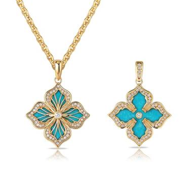 Imagem de MEVECCO Colar de trevo de quatro folhas de ouro para mulheres 14K banhado a ouro 14K colar com pingente de trevo duplo lado com diamante vintage filigrana colar de flor presente, Latão, Sem Pedra