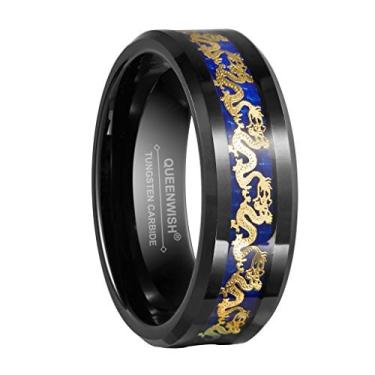 Imagem de Queenwish Anel de carboneto de tungstênio preto de 8 mm ouro dragão azul fibra de carbono incrustada alianças de casamento joias masculinas, Carboneto de tungstênio, Zircão criado