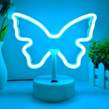 Imagem de VIFULIN Placa neon borboleta – luz neon de LED azul gelo para decoração de quarto de meninas, lâmpada de borboleta presentes para adolescentes, luz noturna estética operada por USB/bateria com base