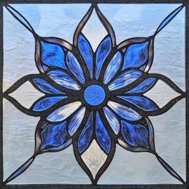 Imagem de HOMETITUTE 10 peças de 30 x 30 cm estilo vitral azul floral descascar e colar adesivos de piso de vinil autoadesivos removíveis para entrada, sala de estar, decoração de marquise
