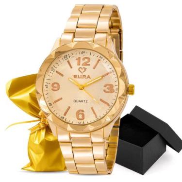 Imagem de Relógio Feminino Eura Metal Dourado Embalagem Presente, Dourado