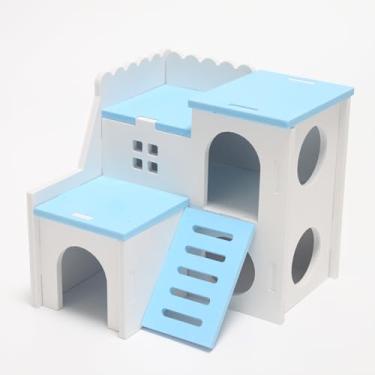 Imagem de Labirinto de hamster de madeira azul e cabana de dois andares com escorregador divertido - para hamsters anões, ratos, gerbos, todos os animais de estimação pequenos