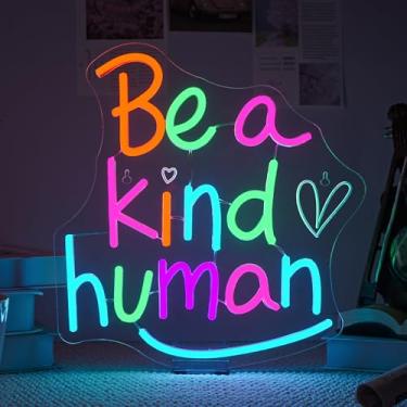 Imagem de JURONG Sinais de néon LED para decoração de parede, Be a Kind Human, letra colorida, palavras inspiradoras, luz neon, alimentada por USB, sinal de iluminação regulável para quarto, casa, festa