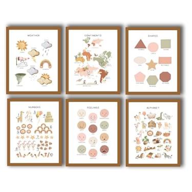 Imagem de PurpleheARTs | Cartazes educativos para crianças – 6 impressões de arte de parede para sala de aula – conjunto sem moldura de 6 clima, continentes, formas, números, sentimentos e alfabeto – pôsteres