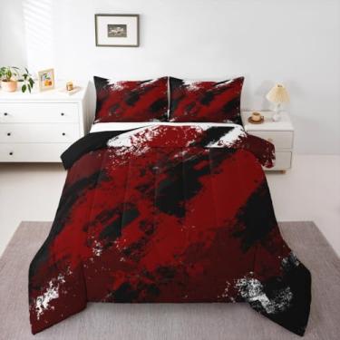 Imagem de jejeloiu Conjunto de edredom Queen vermelho e preto, abstrato, minimalista, para meninos e meninas, edredom geométrico, moderno, decoração de quarto, 3 peças, com 2 fronhas, microfibra