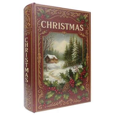 Imagem de XIAOAIKA Caixa de livro de madeira decorativa de Natal, caixas de livros falsas vintage com capa de couro, armazenamento secreto com fecho magnético, caixa de presente de feriado para decoração de
