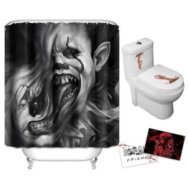 Imagem de VOOCAT Cortina de chuveiro de Halloween – Palhaço pesadelo inspirada no Sinistro Pennywise The IT, decoração de férias temáticas de filme de terror, cortina de banho de poliéster impermeável com 12