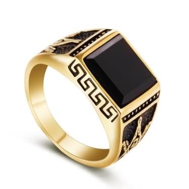 Imagem de Anel Masculino Vintage Sinete com Pedra Ônix Preta – Aço Inoxidável Banhado a Ouro, Design Maçônico Exclusivo