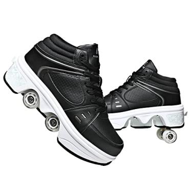 Imagem de Tênis de patins 2 em 1 com 4 rodas retráteis, tênis de patinação para esportes ao ar livre para meninas e meninos, Cano alto preto, 3.5