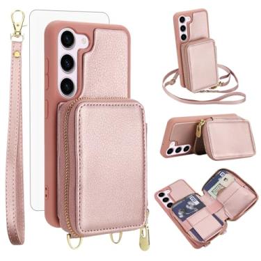 Imagem de Capa de celular para Samsung Galaxy S23 5G carteira com protetor de tela de vidro temperado, alça transversal, cordão com bloqueio de RFID, suporte para cartão de crédito S 23 23S GS23 G5 SM-S911U