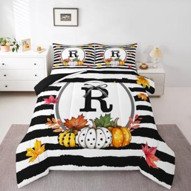 Imagem de Erosebridal Conjunto de edredom com laço alfabético preto, branco, geométrico, colheita de outono, abóbora, letra R, tamanho solteiro, para crianças, adolescentes e adultos, colcha de folha de bordo