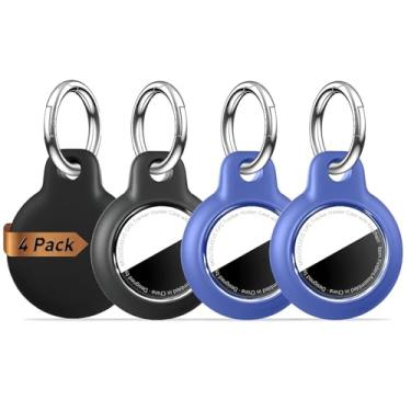Imagem de MOLOSLEEVE [Pacote com 4] Capa de suporte de Airtag com chaveiro, à prova d'água, antiarranhões e choques, acessórios para rastreadores de itens GPS para mochilas, bagagens, preto/azul