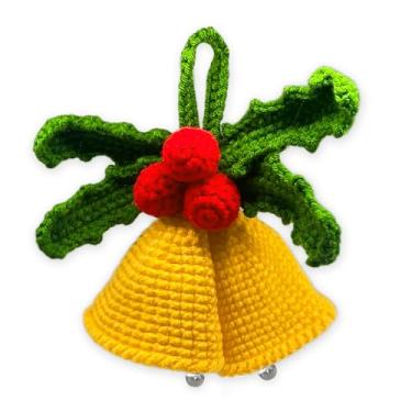 Imagem de Pingente vintage rústico amarelo de sinos de Natal para porta ou guirlanda de sino, sino de crochê para pendurar na parede, enfeites de pendurar artesanais, decoração de espelho de carro e pingente de