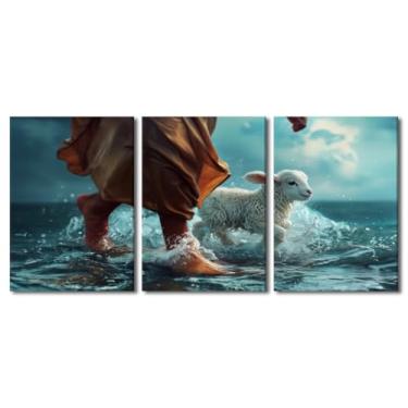 Imagem de TFIAVSIN Arte de parede em tela com 3 painéis, Jesus anda com um cordeiro na água, imagens para sala de estar, quarto, decoração de casa, decoração de escritório, arte emoldurada pronta para pendurar