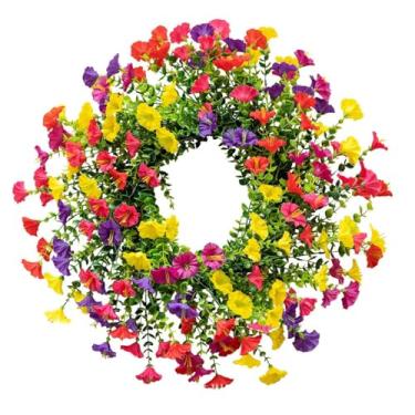 Imagem de Decoração de guirlanda de glória da manhã, guirlanda de primavera e verão de 53 cm para porta da frente externa, guirlanda de eucalipto floral colorida artificial feita à mão para decoração de casa de