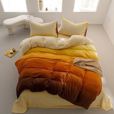 Imagem de Wellboo Conjunto de edredom feminino de veludo amarelo e laranja, moderno, liso, marrom, flanela, fazenda, arte abstrata, cobertor de pelúcia para inverno