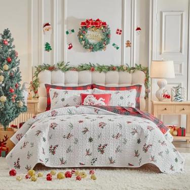 Imagem de Conjunto de colcha de Natal, tamanho solteiro, 152 x 203 cm, folhas verdes de azevinho branco com xadrez vermelho e branco - colcha de cama de microfibra de inverno estilo guingão de Natal de Ação de
