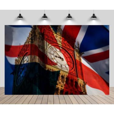 Imagem de CHNYWORK Bandeira Union Jack de 2,1 m x 1,5 m e pano de fundo Big Ben Bandeira britânica de Londres Inglaterra Edifícios de Marco Histórico Reino Unido Foto Fundo de Decoração de Festa Britânica