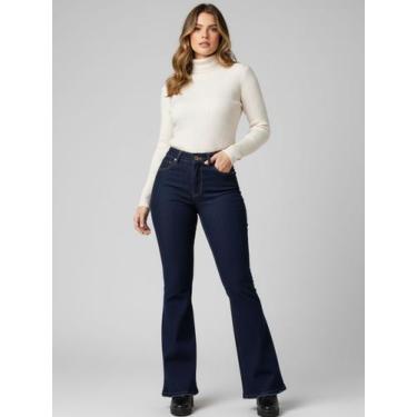 Imagem de Calça Feminina Flare Boca de cino Jeans Escura - Pthirillo, 38, Azul