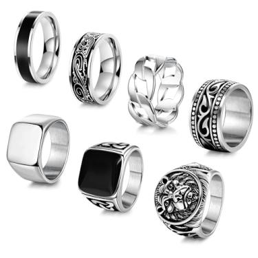 Imagem de AFSITNIG 7 peças de anéis de sinete vintage de aço inoxidável para homens, anéis de sinete quadrado, corrente de elos cubanos, anel giratório de polegar celta, anel giratório prata ouro polido borda