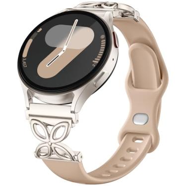 Imagem de IMIVIO Pulseiras finas de silicone compatíveis com Samsung Galaxy Watch 7 Band 6 5 4 Active 2 FE de 40 mm e 44 mm/Watch 6 4 Classic/5 Pro/3, finas de 20 mm e 22 mm para relógios Samsung (MilkTea)