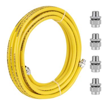 Imagem de PLUMBINGMASTER Linha de gás propano amarelo flexível CSST de 10 m 1/5.1 cm, mangueira 304 de aço inoxidável ondulado, com total de quatro acessórios adaptadores machos, kit de tubo de grelha natural
