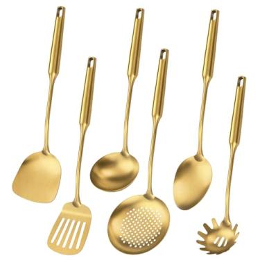 Imagem de Utensílio de cozinha de aço inoxidável 304, utensílio de cozinha com espátula, colher sólida, concha, escumadeira, colher de espaguete, conjunto de 6 peças, lavável na lava-louças (ouro)