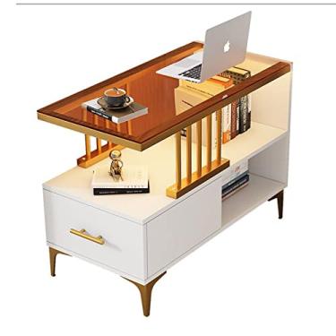 Imagem de Mesa de centro de design simples com prateleira de armazenamento, mesa de extremidade, mesa lateral com gavetas, armário de armazenamento para pequenos espaços, quarto, sala de estar, sofá mesa